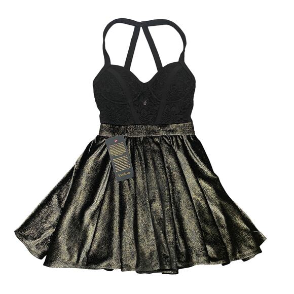 BeBe Lace Metallic Velvet Skater Dress Womens XXS Black Gold Goth Flapper Sheer - Picture 13 of 14